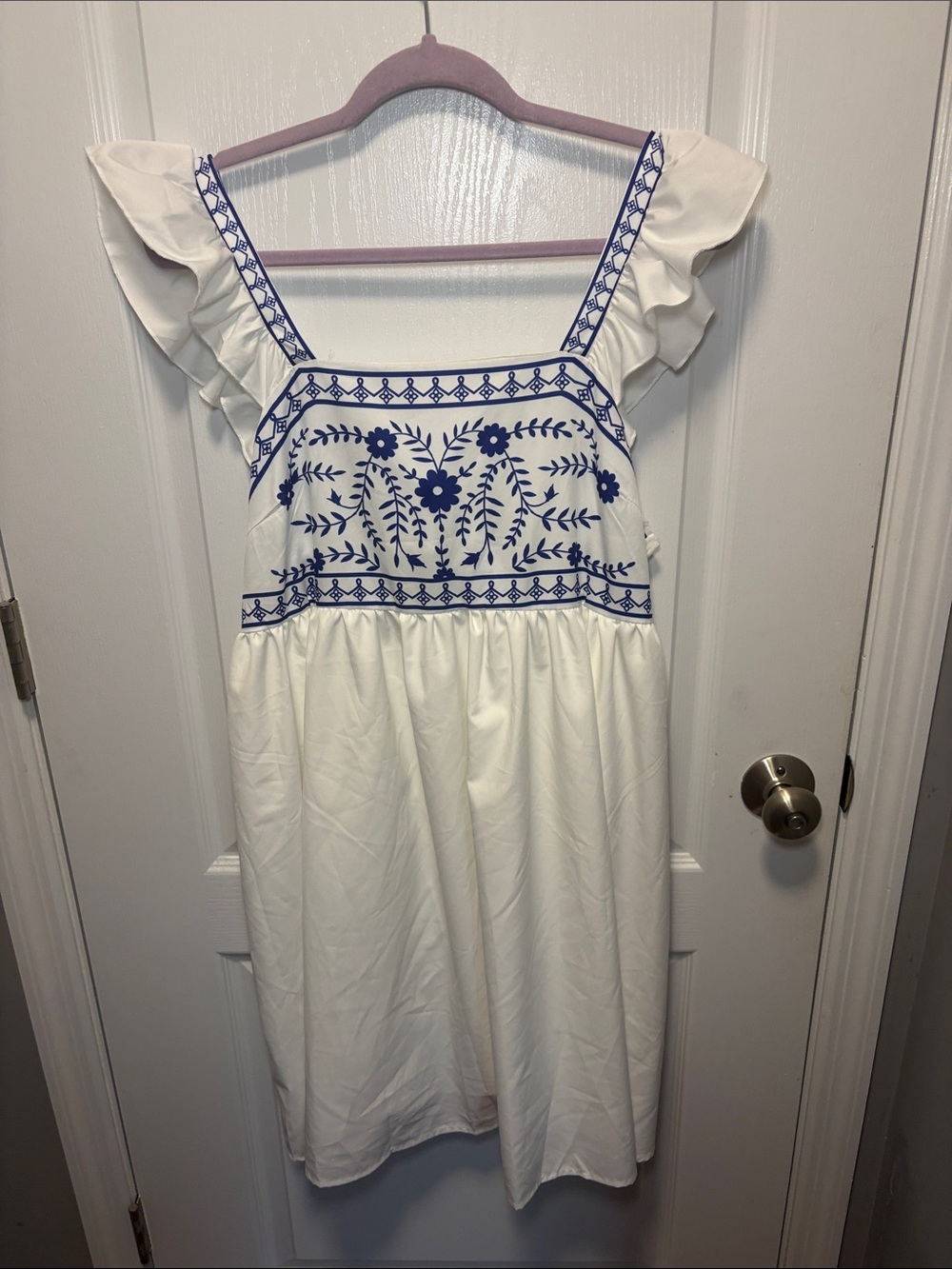 SHEIN White Dress with Blue Floral Embroidery and Ruffle Straps